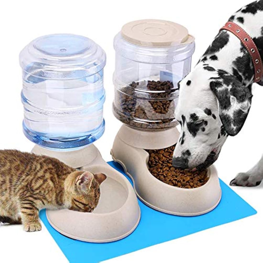 Alimentador automático para gatos y dispensador de agua en juego con alfombrilla de comida para mascotas para perros pequeños medianos mascotas, cachorros gatitos gran capacidad 1 galón x 2