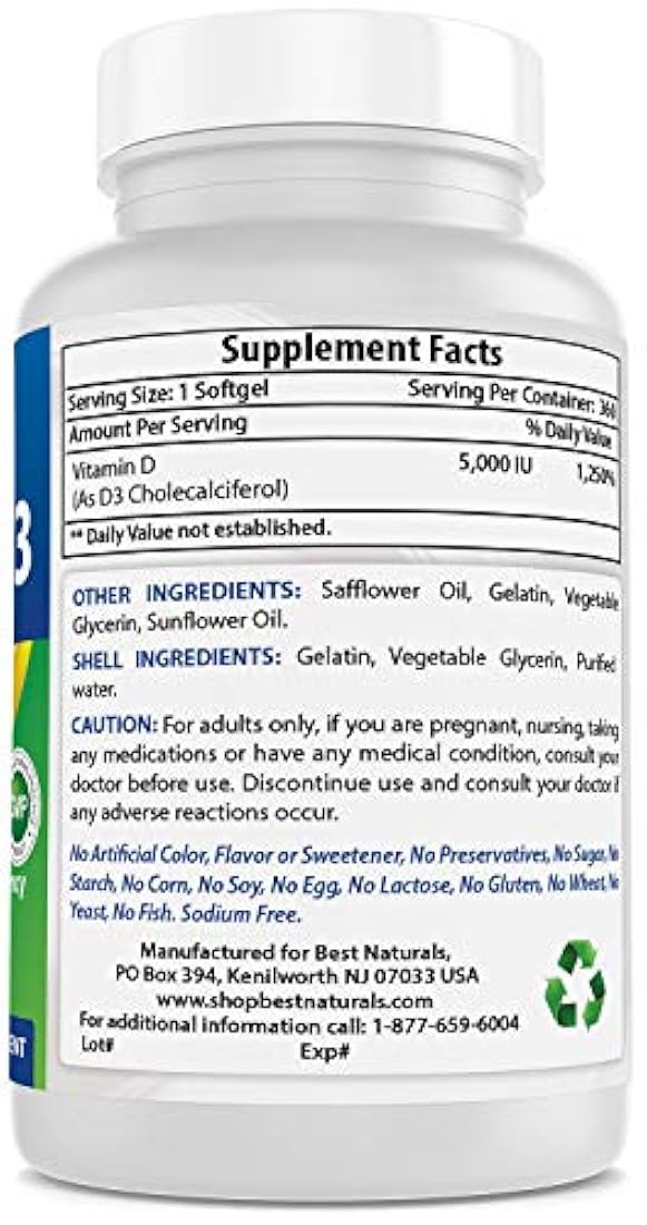 # 1 Vitamina D3 Suplemento por Mejor Naturals – gmo-free, preservative-free, grado de USP Natural Vitamina D, 1, 1