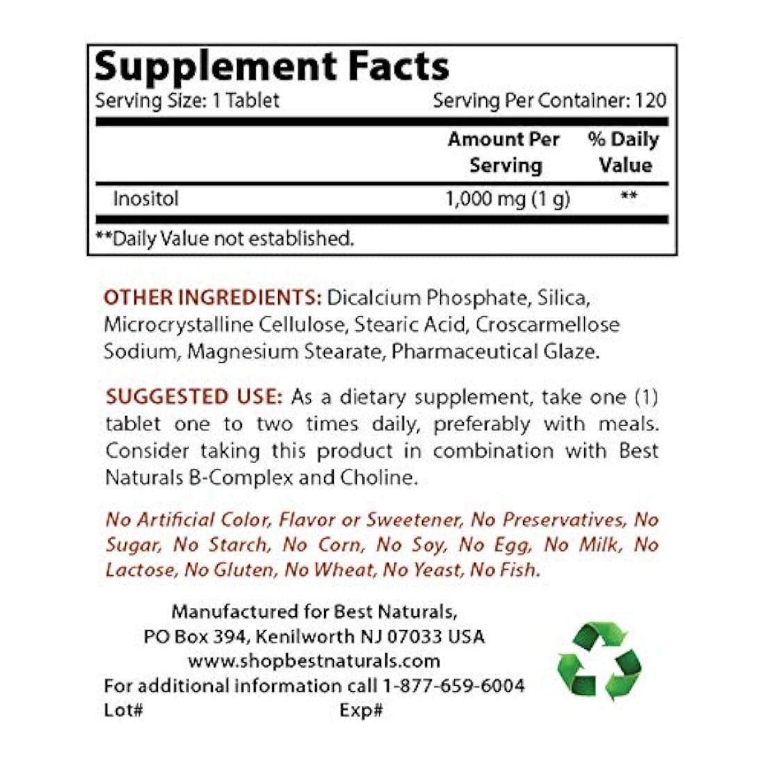 Best Naturals Inositol 1000 mg 120 tabletas llamados