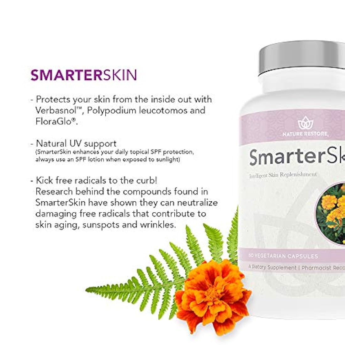 Accesorio para la piel más inteligente, belleza, formulado con leucotomos de polipodio de 240 mg, lutein de 20 mg, 50 mg de verbascosida