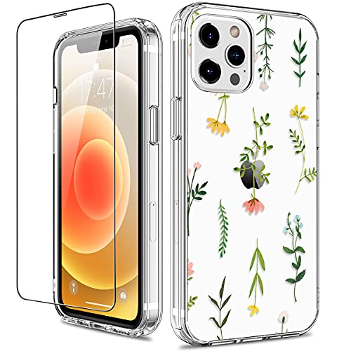 GiiKa Funda para iPhone 12 Pro Max con protector de pantalla, transparente cuerpo completo a prueba de golpes de protección floral niñas mujeres caso duro con TPU parachoques cubierta teléfono caso para iPhone 12 Pro Max, flores de hierba