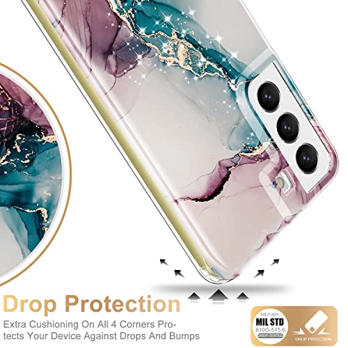 ESDOT Funda para Samsung Galaxy S22, grado militar, prueba de caídas de 21 pies, funda resistente con diseños de moda para mujeres y niñas, funda protectora para Galaxy S22 de 6.1 pulgadas, mármol rosa turquesa