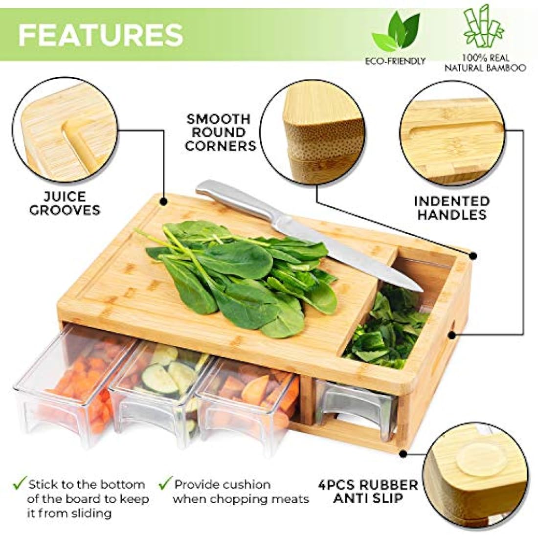 Tabla de cortar de bambú con bandejas y tapas.