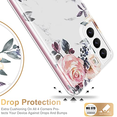 ESDOT Funda para Samsung Galaxy S22 Plus, grado militar, prueba de caída de 21 pies, resistente con diseños de moda para mujeres y niñas, funda protectora para Galaxy S22+ Plus 6.6 pulgadas, estampado con flores rosas y hojas