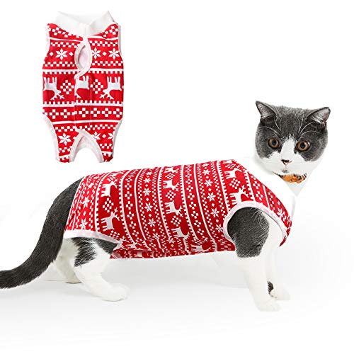 Accesorio traje de recuperación para gatos para heridas abdominales o enfermedades de la piel, alternativa de cuello electrónico para gatos y perros, después de la cirugía, traje de pijama (pequeño, rojo navideño)