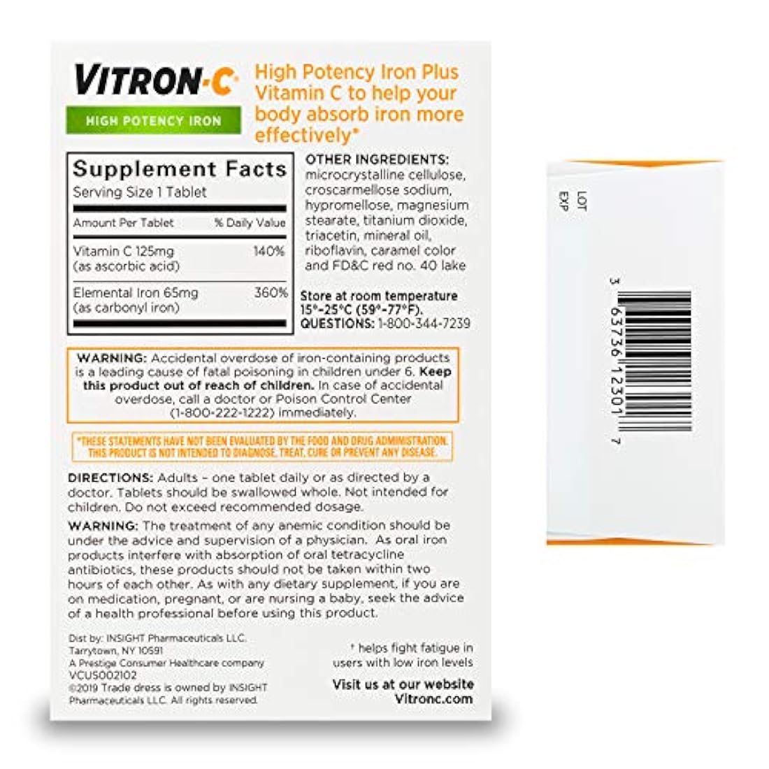 Vitron-C Suplemento de hierro de alta potencia con vitamina C, aumenta la energía, 60 unidades