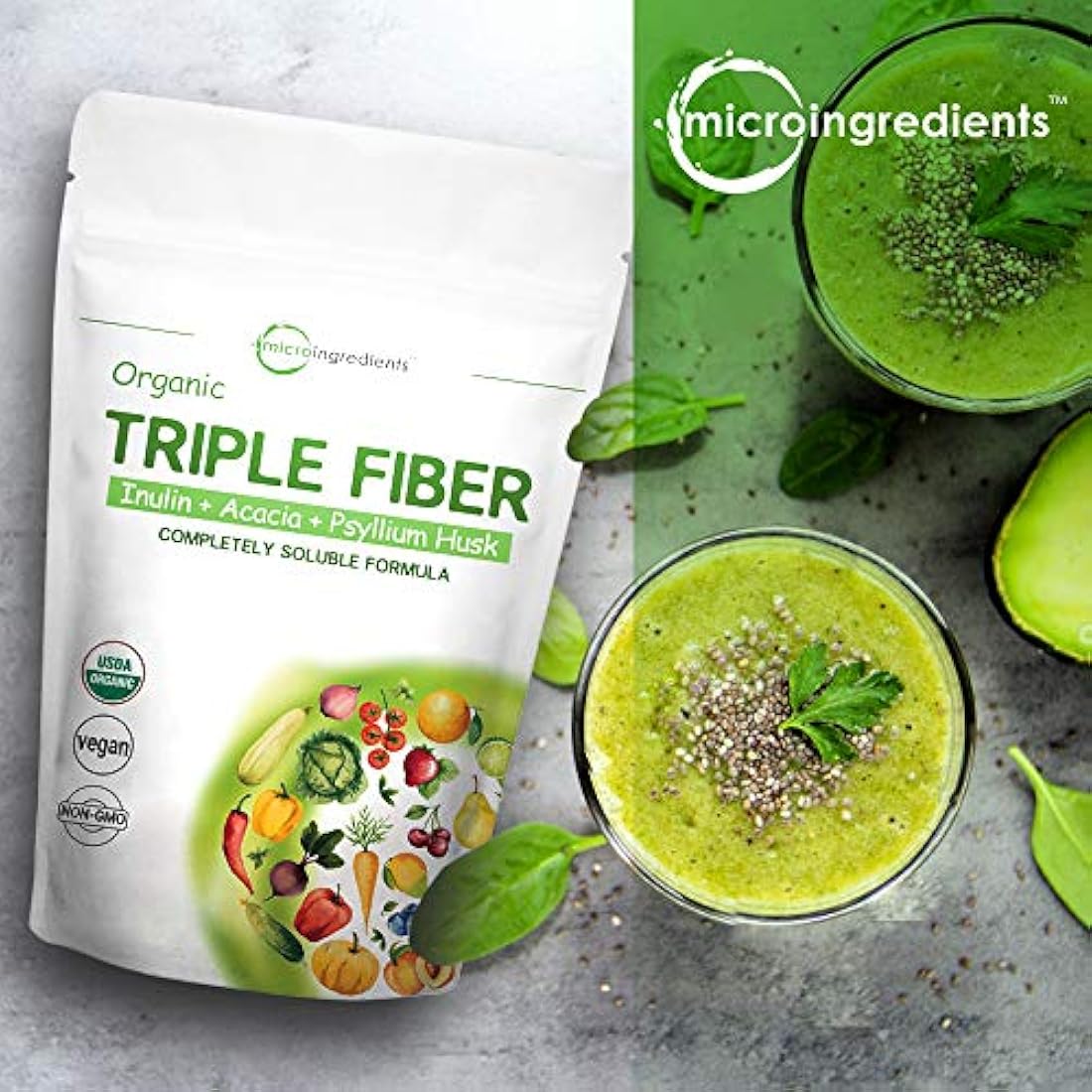Suplemento orgánico triple de fibra dietética en polvo para la salud digestiva, 2 libras (32 onzas), todo natural, transparente, soluble en agua y libre de sabor, no transgénicos y veganos, 1