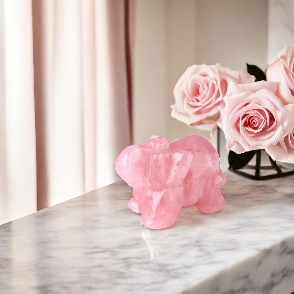 QINJIEJIE Decoración de elefante de cuarzo rosa, cristales