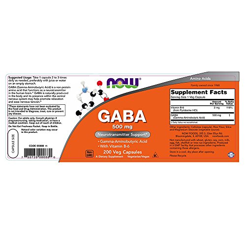 NOW GABA 500 mg, 200 cápsulas vegetales