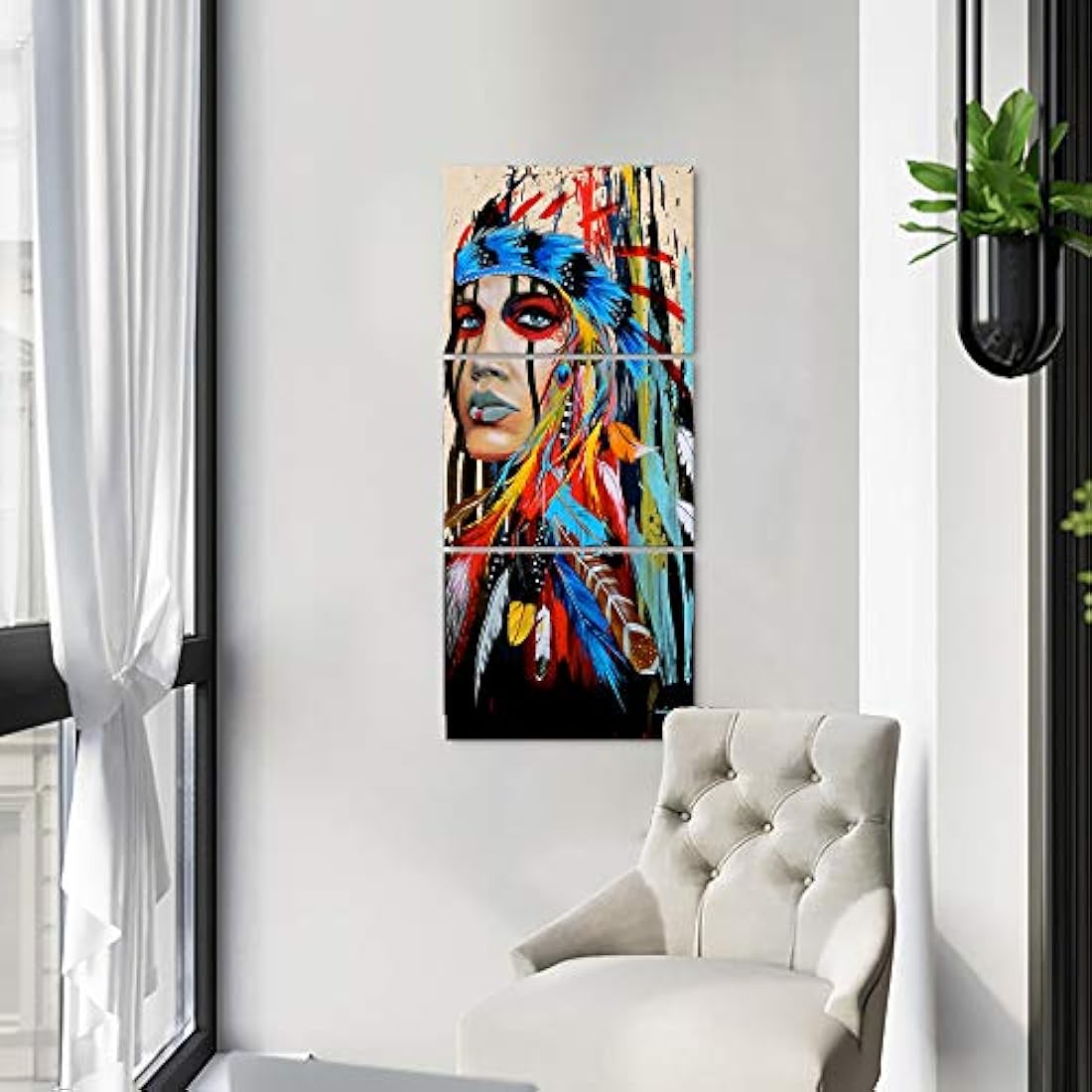 Pintura niña nativo americano con plumas