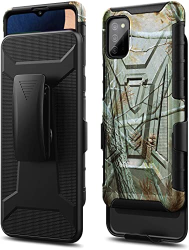 NZND Funda para Samsung Galaxy A03S con protector de pantalla de vidrio templado (cobertura máxima), funda de clip para cinturón con soporte integrado, resistente a prueba de golpes (camuflaje)