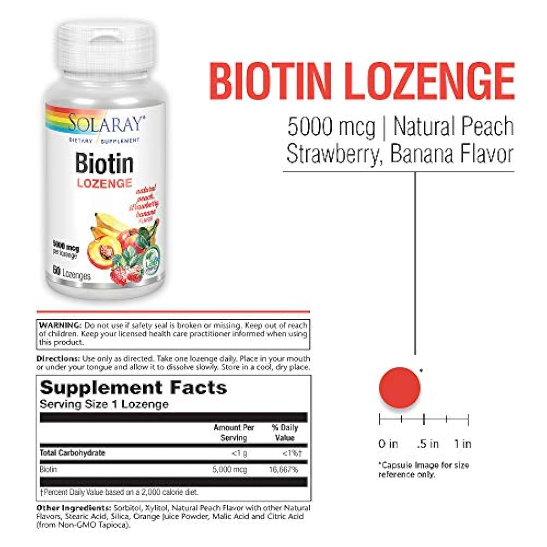 Solaray Biotin 5000 mcg Natural Melocotón, Fresa, Sabor de plátano | Cabello saludable, soporte de piel y uñas | 60 pastillas