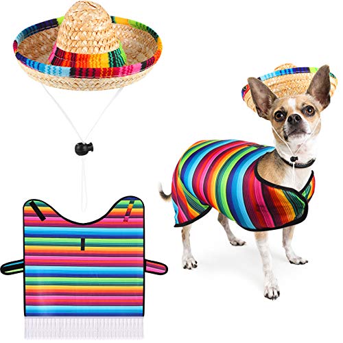 Sombrero para perro, poncho de serape para mascotas, disfraz divertido para perro, multicolor, ajustable, poncho mexicano, sombrero de paja, ropa de Chihuahua, para decoraciones de fiesta mexicana (pequeño)