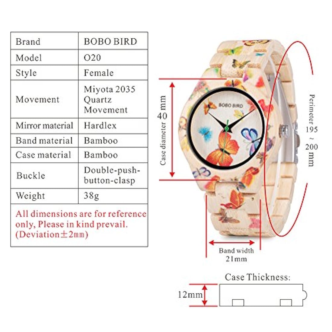 Reloj de bambú para mujer Mariposa grabado casuales