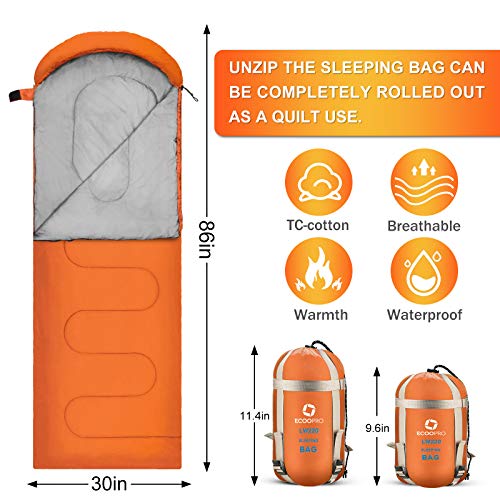 ECOOPRO Saco de dormir para clima cálido, portátil, impermeable, compacto, ligero, cómodo con saco de compresión, ideal para acampar al aire libre, mochileros y senderismo-83 pulgadas de largo x 30 pulgadas de ancho, para adultos
