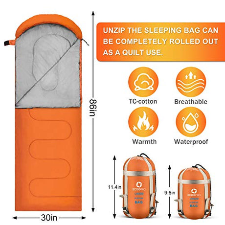 ECOOPRO Saco de dormir para clima cálido, portátil, impermeable, compacto, ligero, cómodo con saco de compresión, ideal para acampar al aire libre, mochileros y senderismo-83 pulgadas de largo x 30 pulgadas de ancho, para adultos