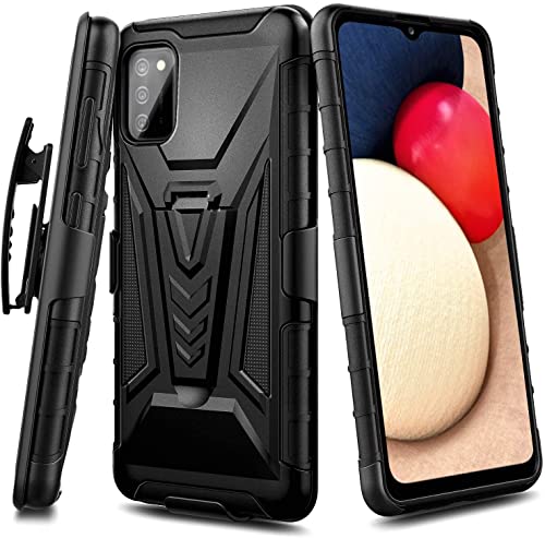 NZND Funda para Samsung Galaxy A03S con protector de pantalla de vidrio templado (máxima cobertura), funda de clip para cinturón con soporte integrado, resistente a los golpes, funda protectora protectora protectora a prueba de golpes (negro)