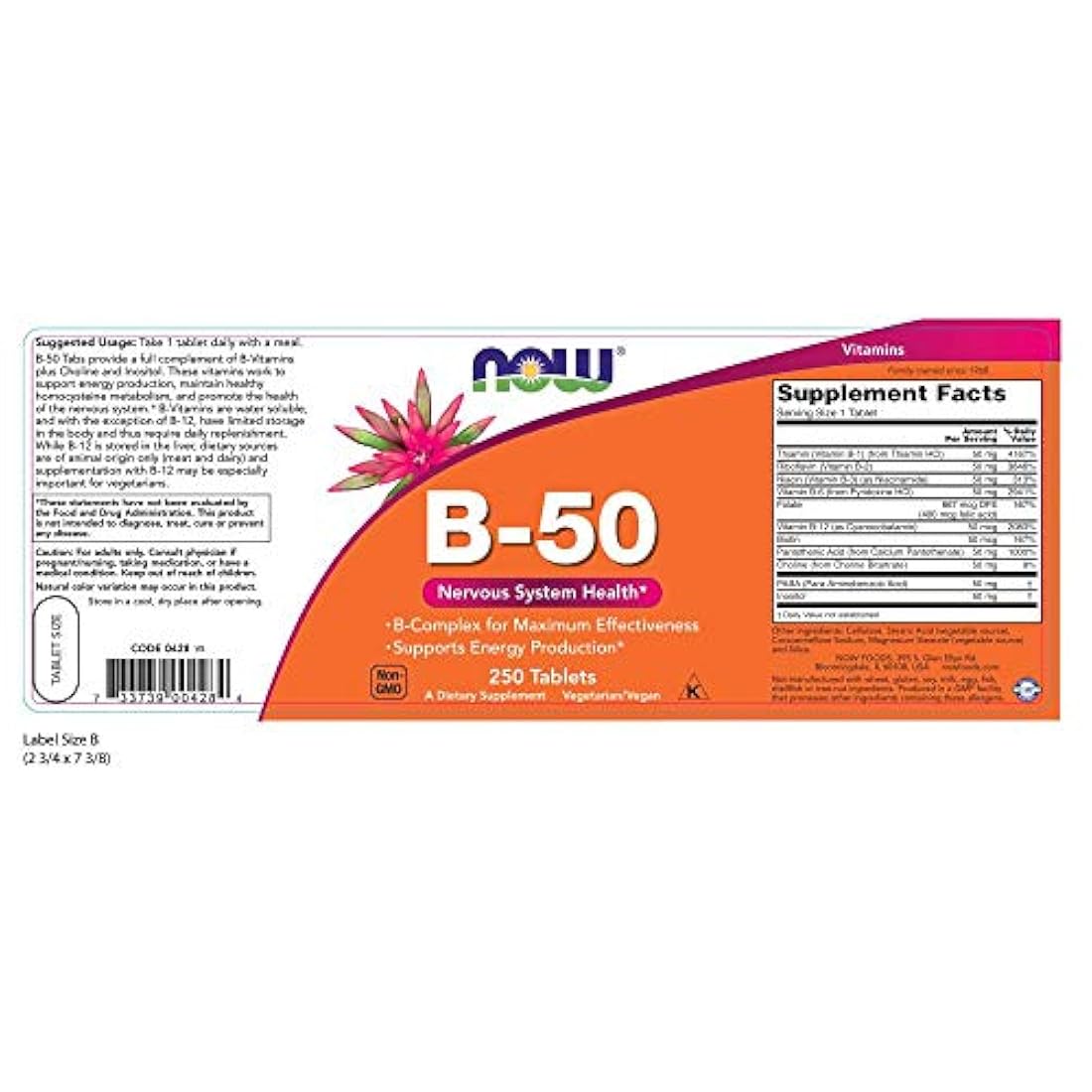 Suplementos NOW, Vitamina B-50 mg, Producción Energética*, Salud del Sistema Nervioso*, 250 comprimidos