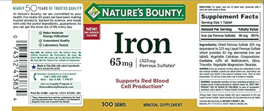 Nature's Bounty hierro, 65 mg(Sulfato de hierro, 325 mg), B000GG6F3E, 1, 1