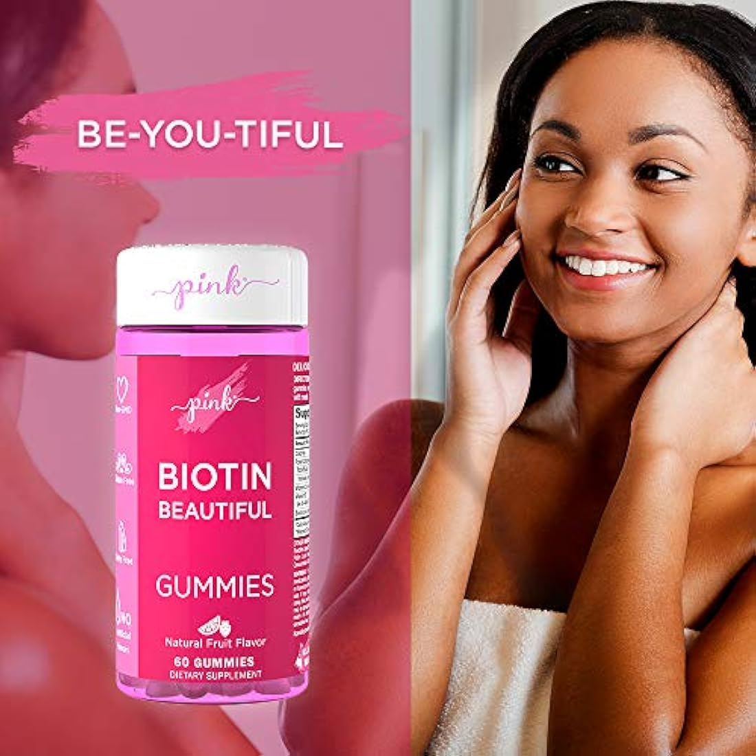 Biotina rosa hermosa para mujer | 60 gomitas de sabor a frutas naturales | Mezcla de ingredientes embelleciendo sin OMG y sin gluten | Creada por mujeres para mujeres