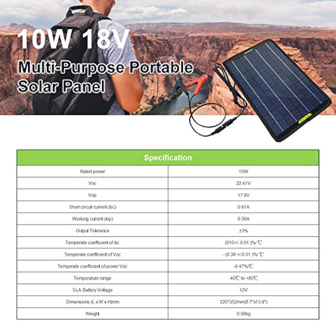 Panel solar portátil de 12 V y 10 W con adaptador