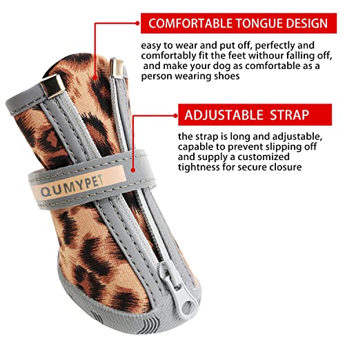 QUMY - Botas para perros pequeños y cachorros, impermeables, para la nieve del invierno, con franja reflectante, suaves y cómodas, con suela de goma antideslizante, estilo leopardo, 4 unidades