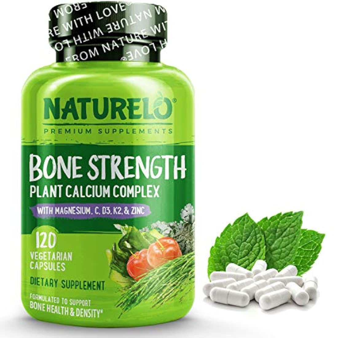 Natururelo - Fuerza ósea a base de plantas de calcio, magnesio, potasio, vitamina D3, VIT C, K2 - OMG, soja, ingredientes sin gluten, el mejor suplemento alimenticio completo para la salud ósea - 120 cápsulas vegetarianas