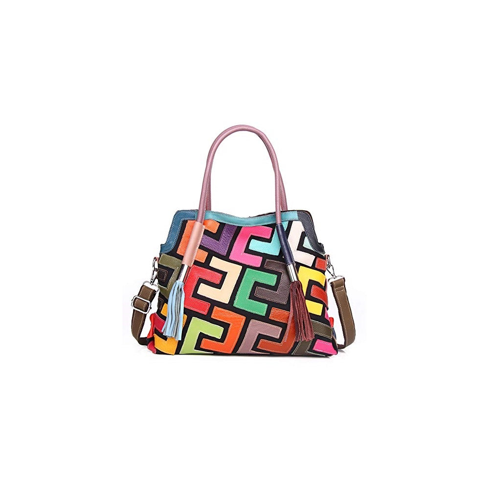 Bolso de mano multicolor Boston para mujer, de piel auténtica, colorido, grande