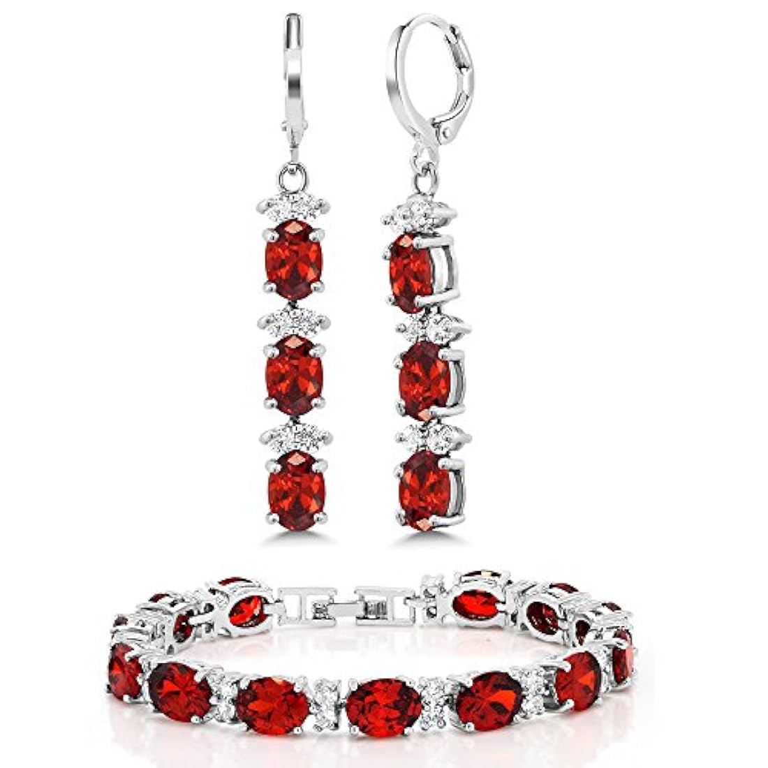 7 rojo y blanco CZ pulsera Juego con 2 forma Oval arete