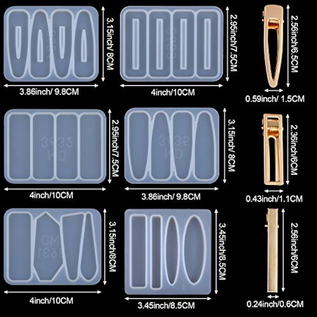 Juego de moldes para moldear horquillas de pelo de 36 piezas, incluye 6 piezas de moldes de resina de silicona, moldes de joyería, 30 piezas de horquillas para horquillas de resina epoxi para el pelo, llavero, marcador, colgante