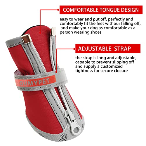 QUMY - Botas para perros pequeños y cachorros, impermeables, para la nieve del invierno, con franja reflectante, suaves y cómodas, con suela de goma antideslizante, color rojo, 4 unidades