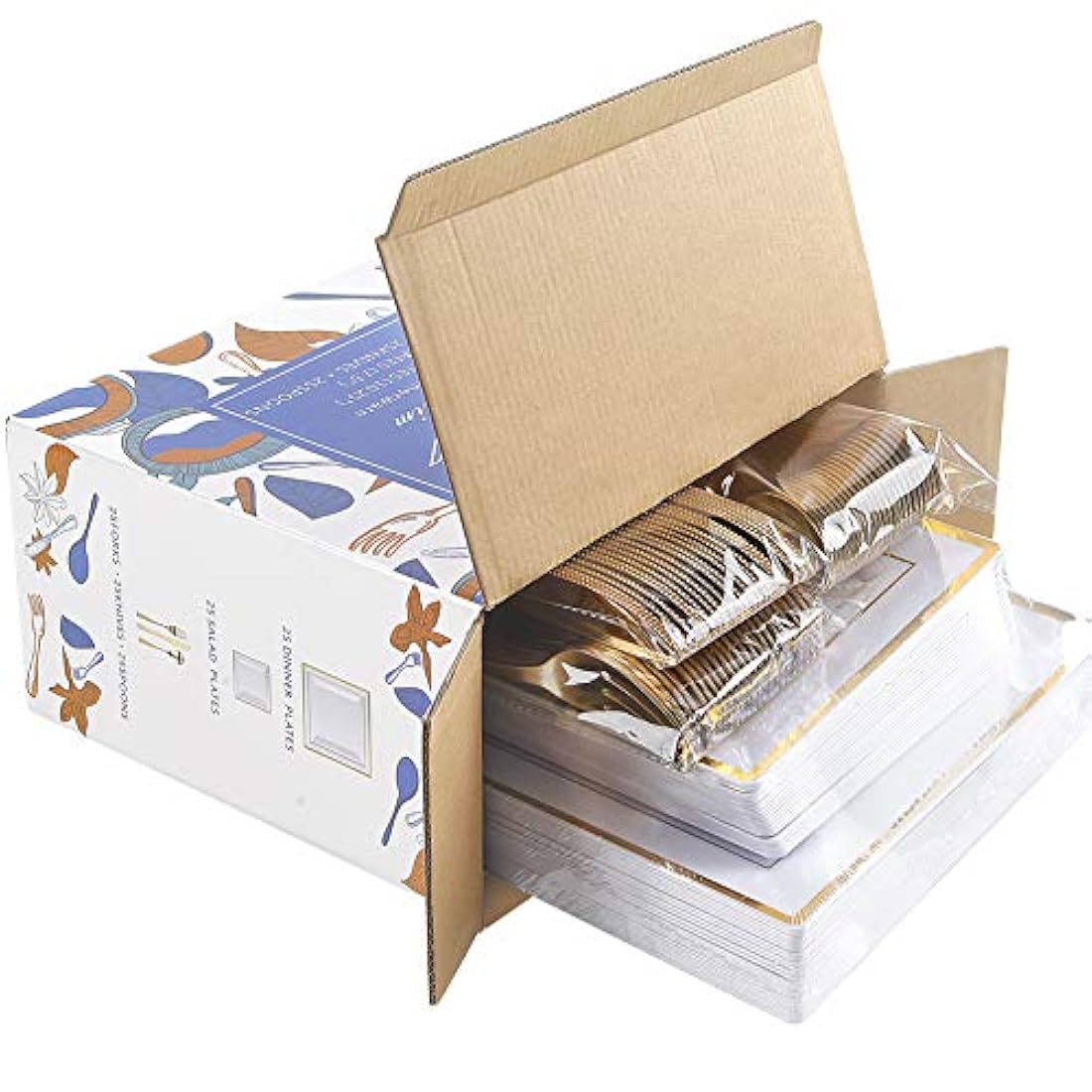 Platos de plástico dorados con cubiertos de plástico