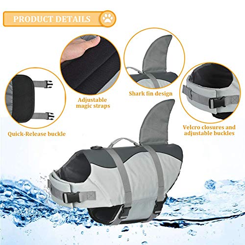 Doglay - Chaleco salvavidas para perros Ripstop, para natación, ajustable, con asa de rescate, para perros pequeños, medianos y grandes, diseño de tiburón