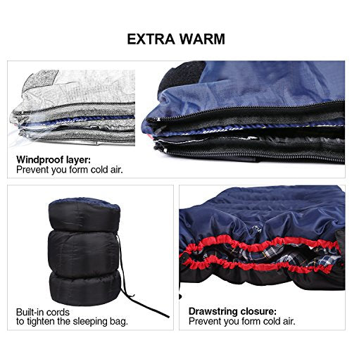 REDCAMP Outdoors Cotton Flannel Sleeping Bag for Camping Backpacking, Warm and Comfortable Envelope Sleeping Bags with 2/3/4lbs Filling