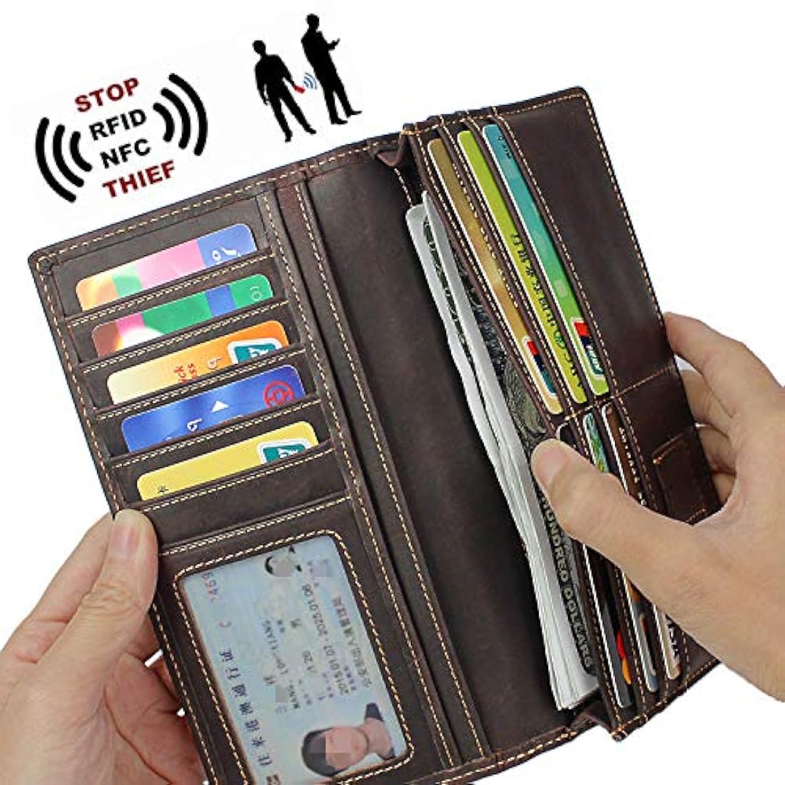 LXFF - Cartera larga de piel auténtica vintage para cheques