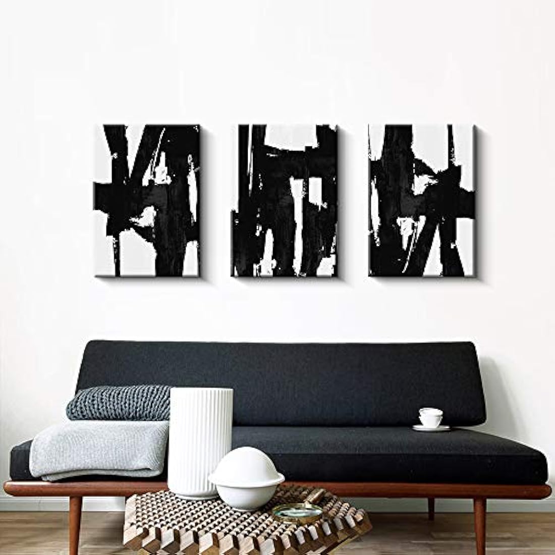 3 Paneles Negro y Blanco Abstracto Lienzo Pintado