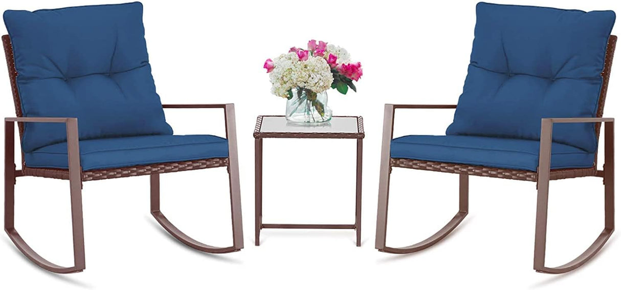 SUNCROWN Juego de 3 piezas para exteriores, muebles de mimbre negro, sillas de porche, juegos de conversación con mesa de café de cristal, azul oscuro