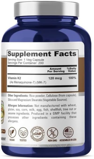 Vitamina K2 MK7 120 mcg, 200 cápsulas vegetales sin soja