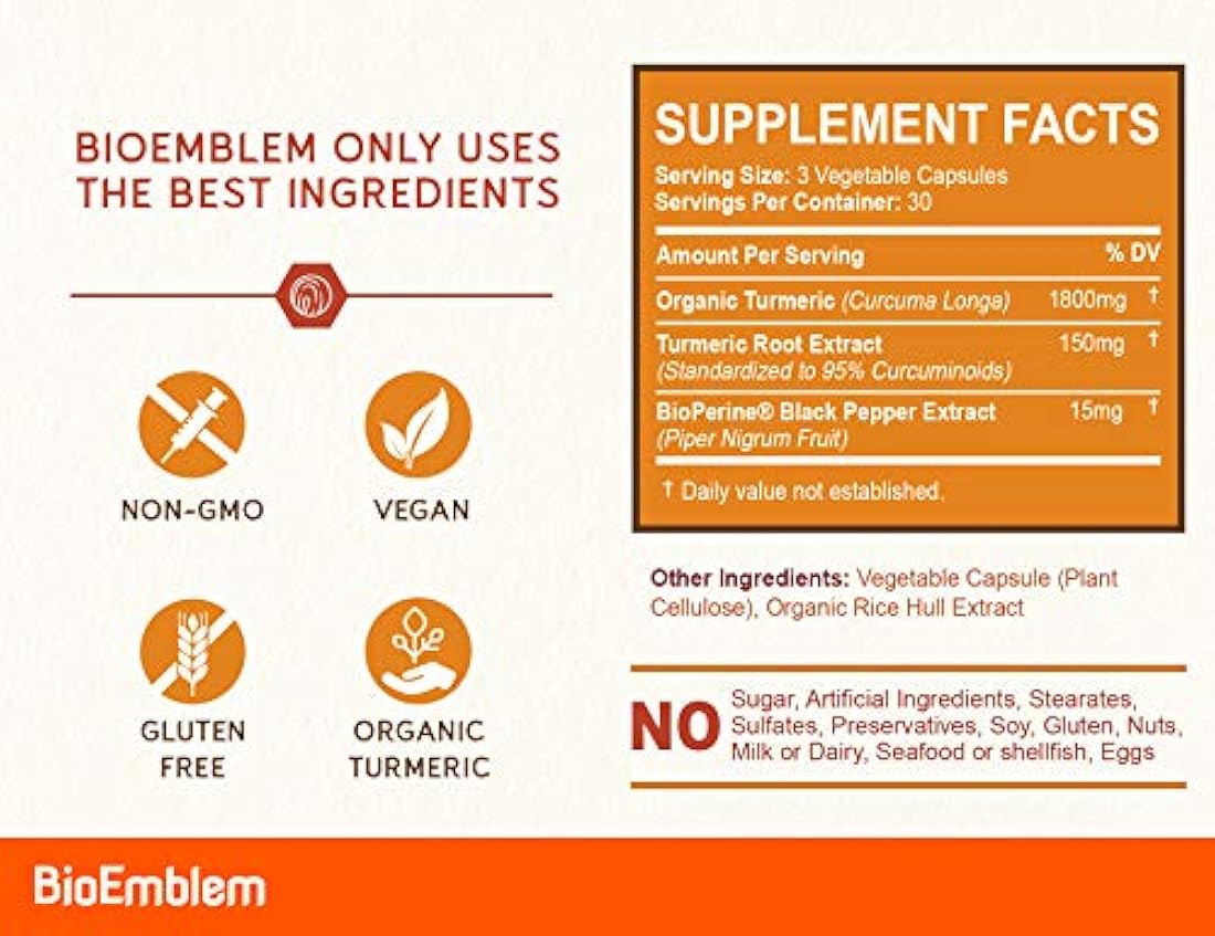 BioEmblem Cúrcuma Suplemento de Curcumina con BioPerina curcuminoides | Fabricado en California, sin OMG, suministro de 30 días
