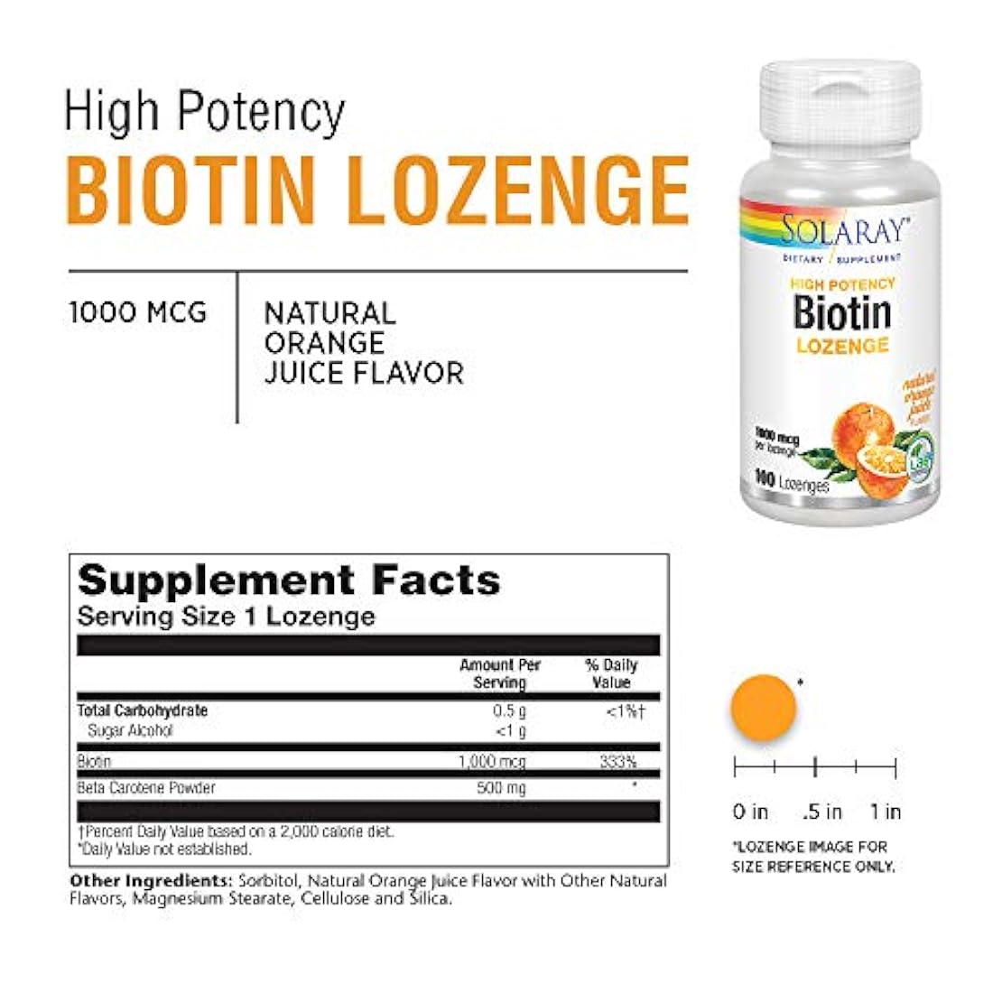 Solaray Biotin Lozenge Suplemento, Naranja, 1000 mcg, 100 unidades