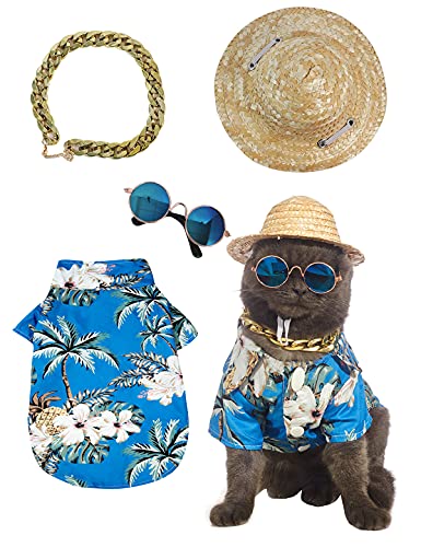 Impoosy 4 piezas de disfraz de perro para mascotas, camisa hawaiana de verano, gafas de sol y sombrero de paja divertido con collar de cadena dorada para perro pequeño