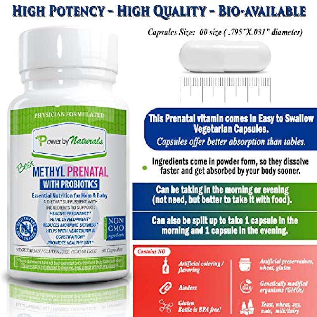 Power By Naturals - Best Methyl Prenatal Vitamins with Probiotics, l-methylfolate, Methylcobalamin (Active B12), Iron, Iodine - All Essential Nutrients for Healthy Mom and Baby -60-Caps-Dr Formulated