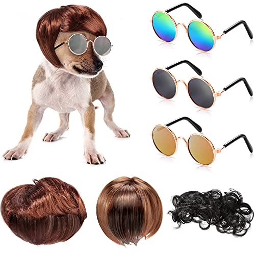 MTLEE 6 pelucas divertidas para perros, peluca de perro retro para mascotas, gafas de sol redondas para perros, disfraces de cosplay, accesorios para perros pequeños, para decoración de fiestas navideñas