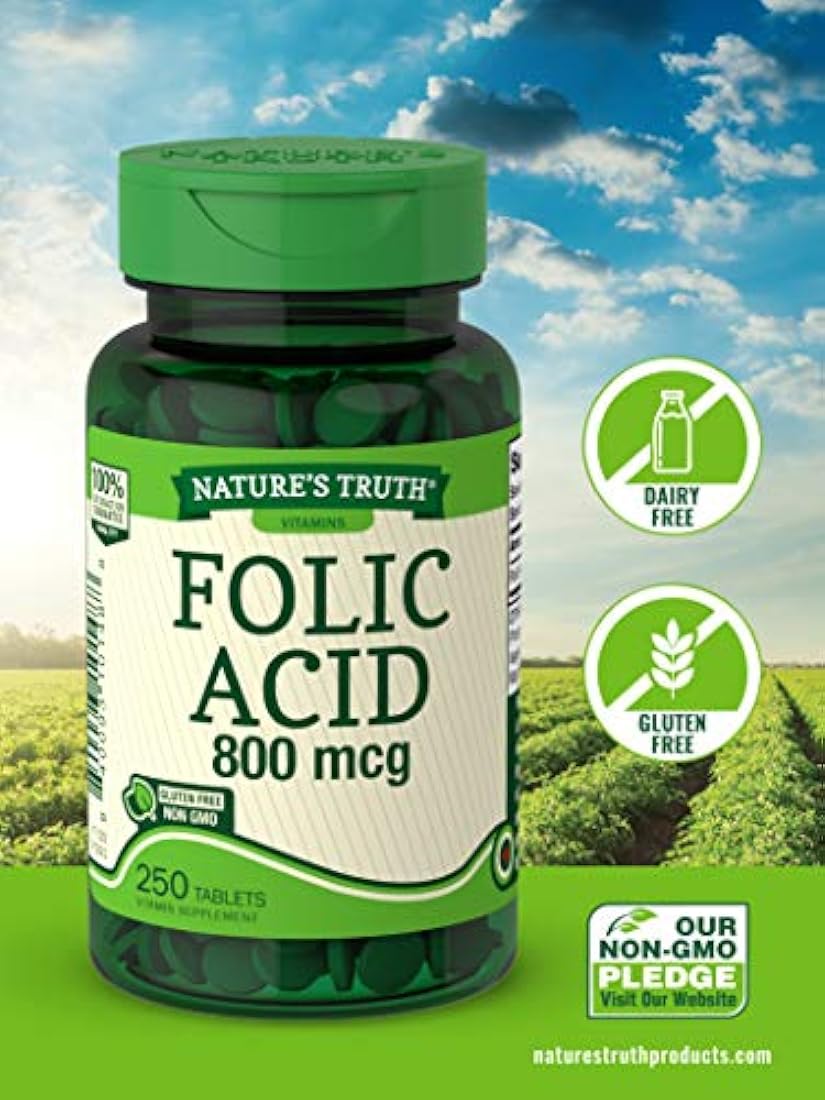 Ácido fólico Nature's Truth 800 mcg | 250 tabletas | Vegetariano, sin OMG y sin gluten