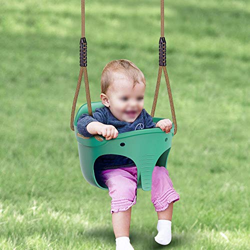 Dolibest Asiento de columpio con respaldo alto completo para niños con cuerda ajustable, bonito juego de columpio de elefante para patio de recreo, límite de peso de 600 libras, 2 mosquetones, color verde