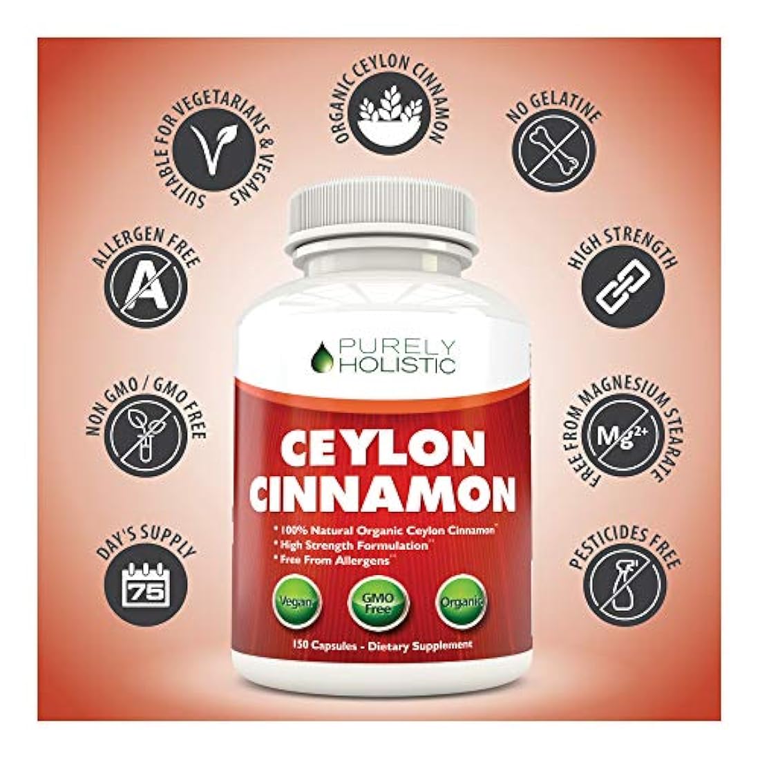 Ceylon Canela Cápsulas orgánicas 1500 mg 150 cápsulas canela