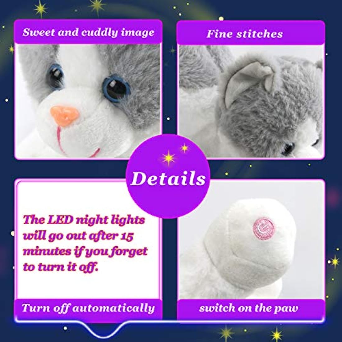 Peluche de gatito con luz LED para niños y niñas 15 pulgadas