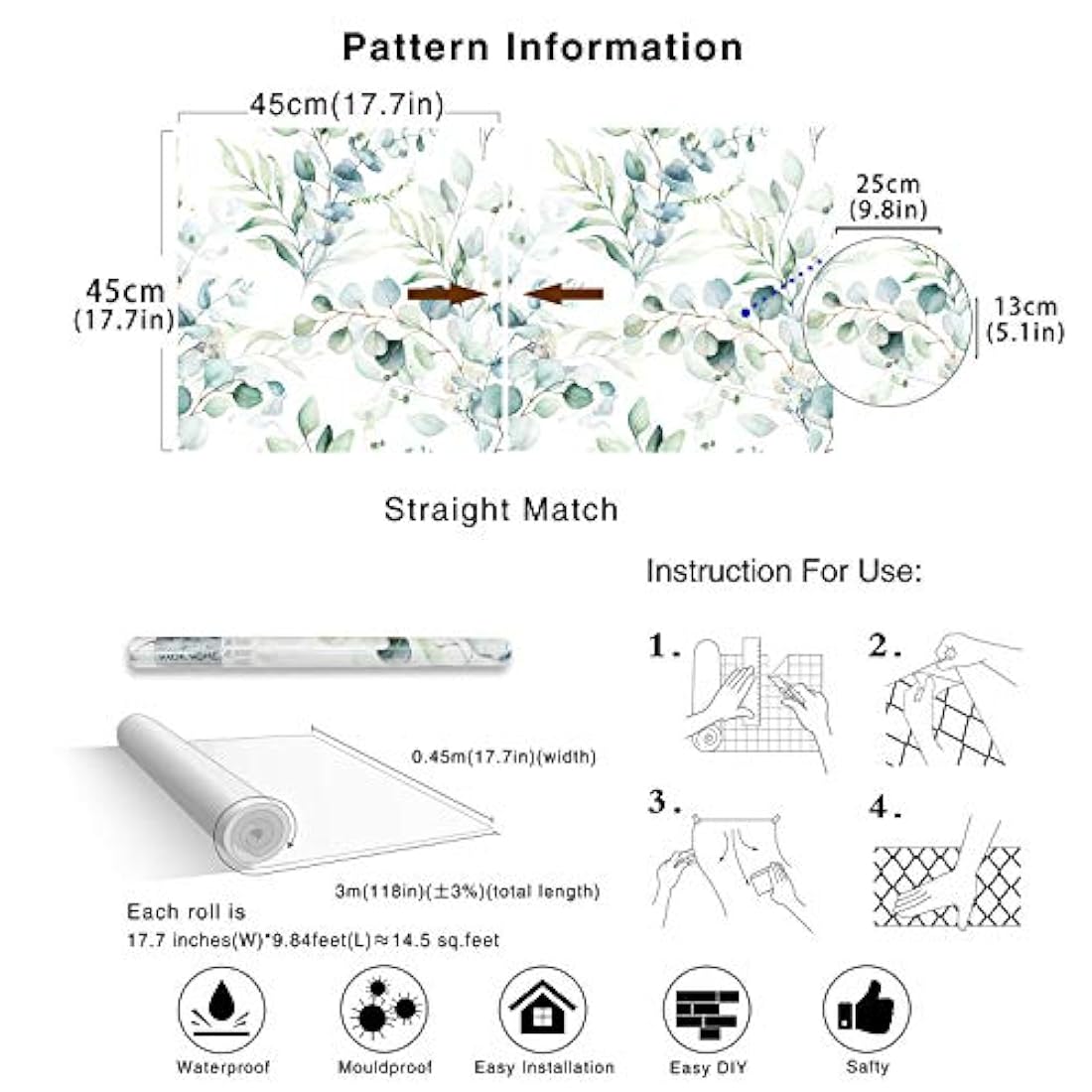 Papel pintado para pared de vinilo estilo botánico(14.5 ft2)