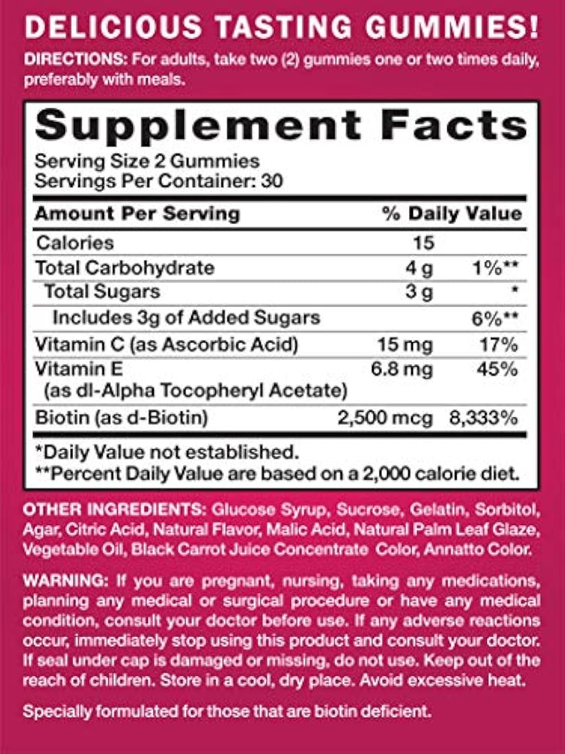 Biotina rosa hermosa para mujer | 60 gomitas de sabor a frutas naturales | Mezcla de ingredientes embelleciendo sin OMG y sin gluten | Creada por mujeres para mujeres