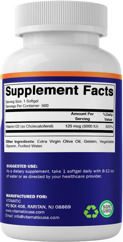 Vitamatic Vitamina D3 5000 IU 125mcg, 500 cápsulas